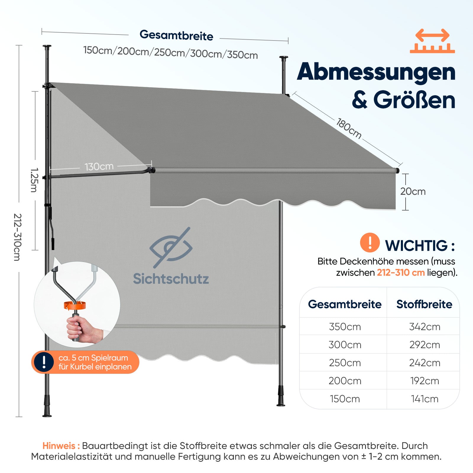 Sekey Klemmmarkise ohne Bohren Grau (150–350 cm Breite), 130 cm Ausfal – sekeymall