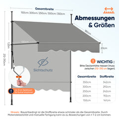 Sekey Klemmmarkise ohne Bohren Grau (150–350 cm Breite), 130 cm Ausfall, 0–90° verstellbar, wasserdicht & UV-Schutz (UPF 50+), Balkon Markise mit Handkurbel für Balkon, Terrasse & Garten