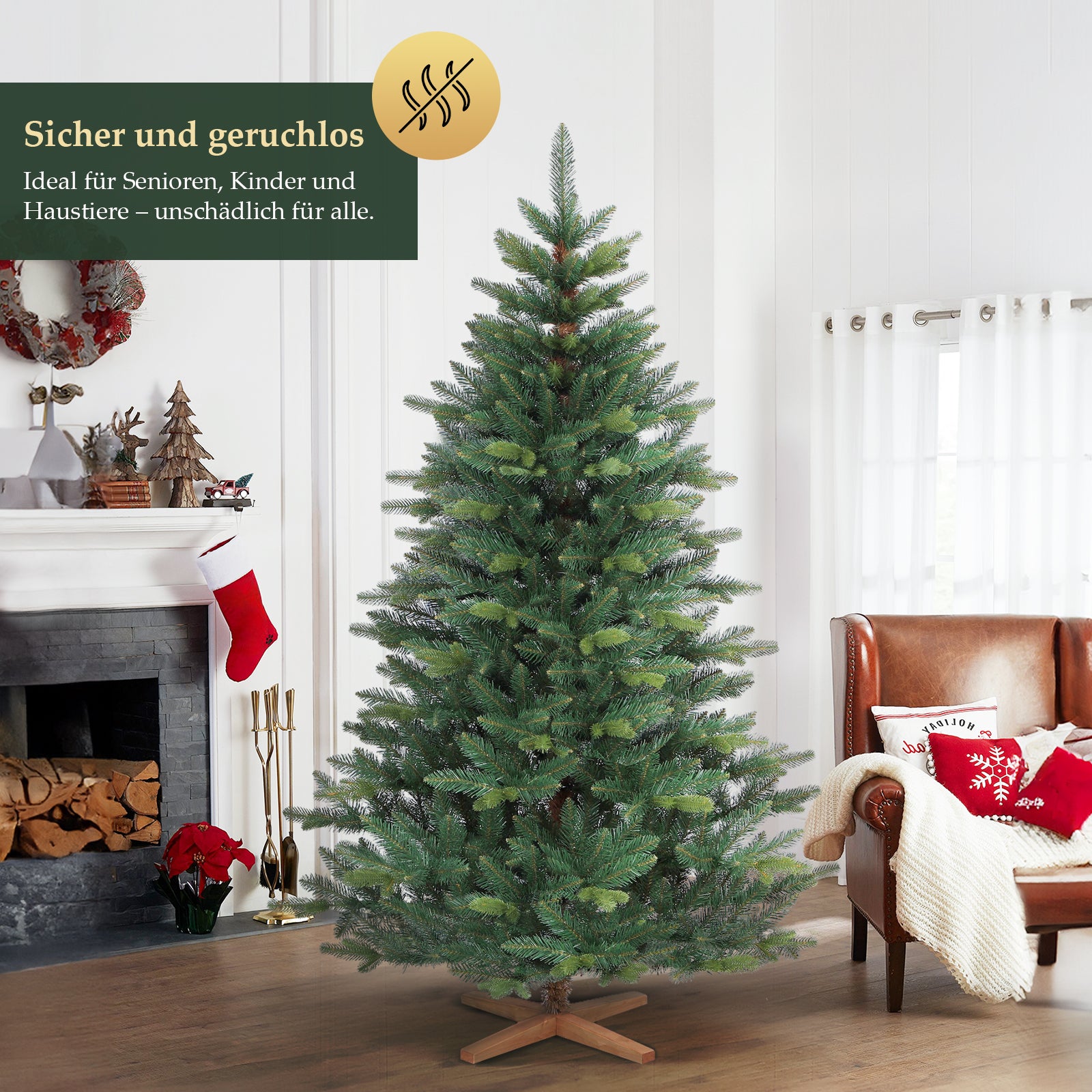 SALCAR Künstlicher Weihnachtsbaum mit Holzständer, Premium PE+PVC Tannenbaum, Realistische & Dichte Optik, Einfacher Aufbau für Innenräume