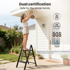 Sekey Klapptrittleiter 2 & 3 Stufen – Rutschfeste Trittleiter mit Stahlrahmen & Aluminiumstufen, TÜV & SGS geprüft, bis 150 kg, Schwarz