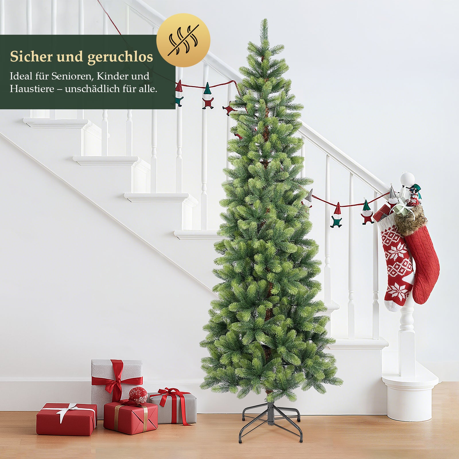SALCAR Schmaler Künstlicher Weihnachtsbaum 120/150/180/210 cm | Slim Nordmanntanne aus PE, Platzsparend, Realistisch, Wiederverwendbar, Mit Metallständer