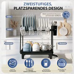 Sekey 2-stufiges Abtropfgestell Geschirr – Platzsparender Doppel-Geschirrständer mit Besteckablage, Rostfrei & Schwarz für Spüle und Küchenarbeitsplatte  特点：