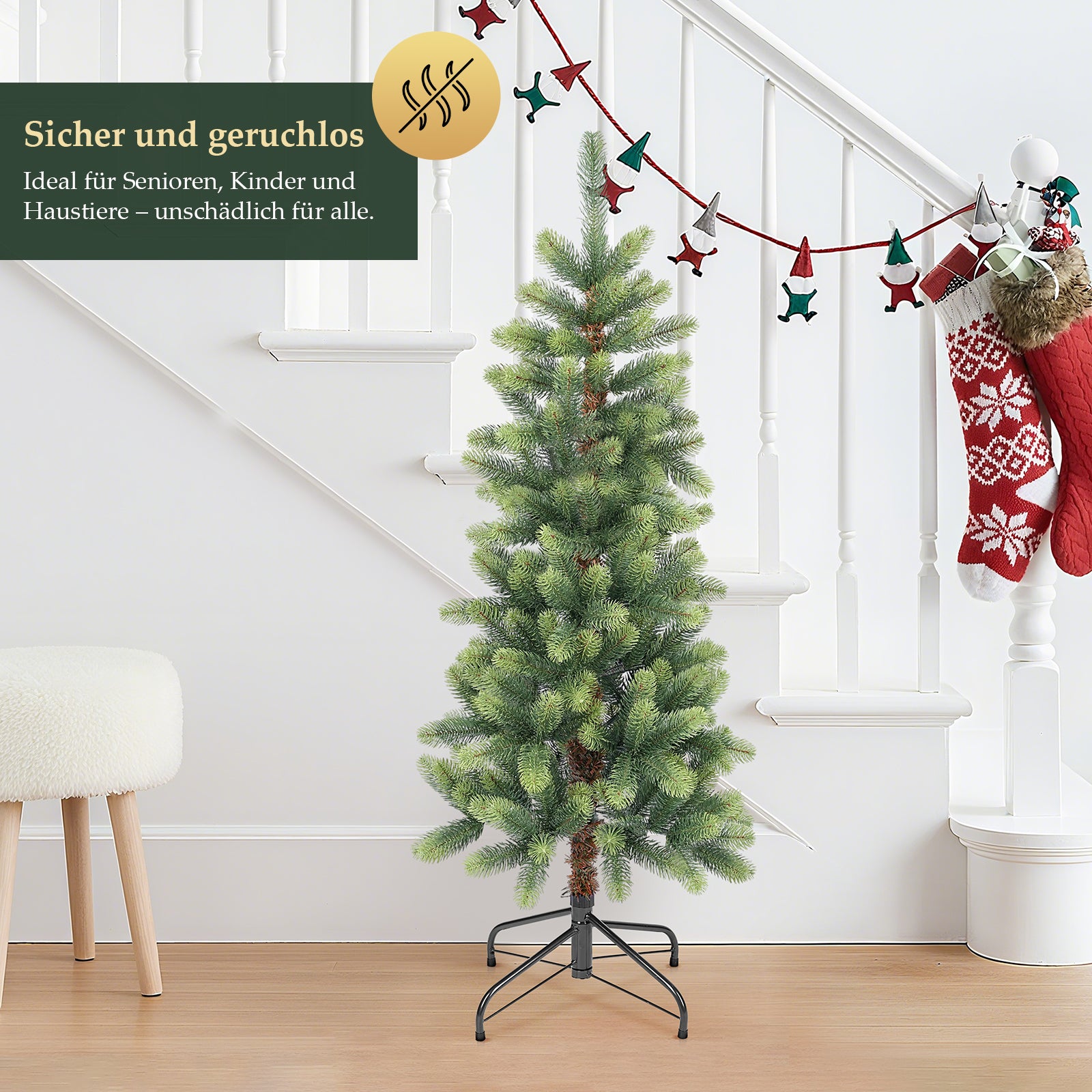 SALCAR Schmaler Künstlicher Weihnachtsbaum 120/150/180/210 cm | Slim Nordmanntanne aus PE, Platzsparend, Realistisch, Wiederverwendbar, Mit Metallständer