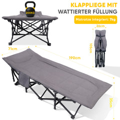Sekey Feldbett Campingbett Klappbar – 190×71×35 cm | 200 kg belastbar | inkl. Matratze & 3-in-1-Seitentasche | Faltbares Gästebett für Camping, Garten & Reise