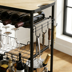 Sekey Serving Trolley with Wheels – Bar Trolley &amp; Kitchen Trolley with MDF Top, Wine Glass Holder, Hooks &amp; Drawer Basket, 360° Wheels, Handle, Rustproof – Black