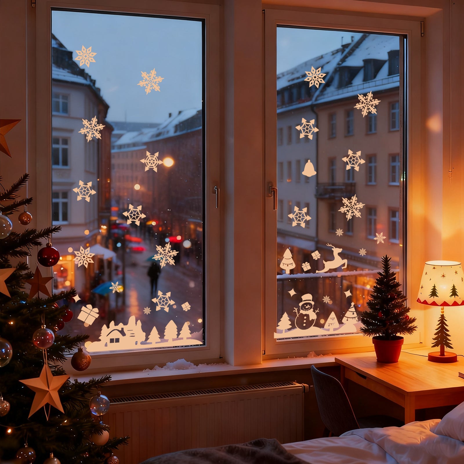 Salcar Fensterbilder Weihnachten – Wiederverwendbare Fensterdeko Weiß, Selbstklebend ohne Kleber, Beidseitig Sichtbar mit Schneeflocken, Häusern & Schneemann Salcar