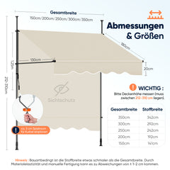 Sekey Klemmmarkise ohne Bohren Beige (200–350 cm Breite), 130 cm Ausfall, 0–90° verstellbar, wasserdicht & UV-Schutz (UPF 50+), Balkon Markise mit Handkurbel für Terrasse & Garten