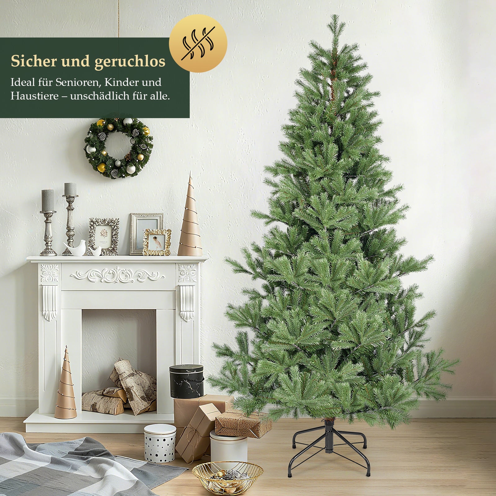 SALCAR Künstlicher Weihnachtsbaum 150/180/210 cm aus 90 % PE Spritzguss, Premium Nordmanntanne, realistischer Christbaum mit stabilem Metallständer & Schnellaufbau-Klappsystem