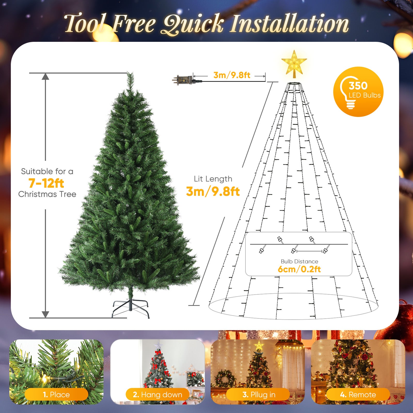 SALCAR 3m LED Weihnachtsbaum-Lichterkette mit 10 Girlanden, Sternspitze & 360 LEDs – 8 Modi, Warmweiß, Sicher & Energiesparend
