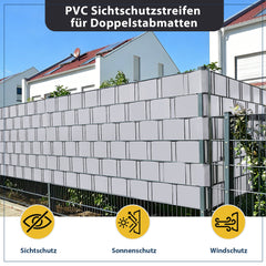 Sekey PVC Sichtschutzstreifen für Doppelstabmattenzaun – Sichtschutzband mit Befestigungsclips, UV-beständig & Wetterfest, Windschutz für Gartenzaun, Grau