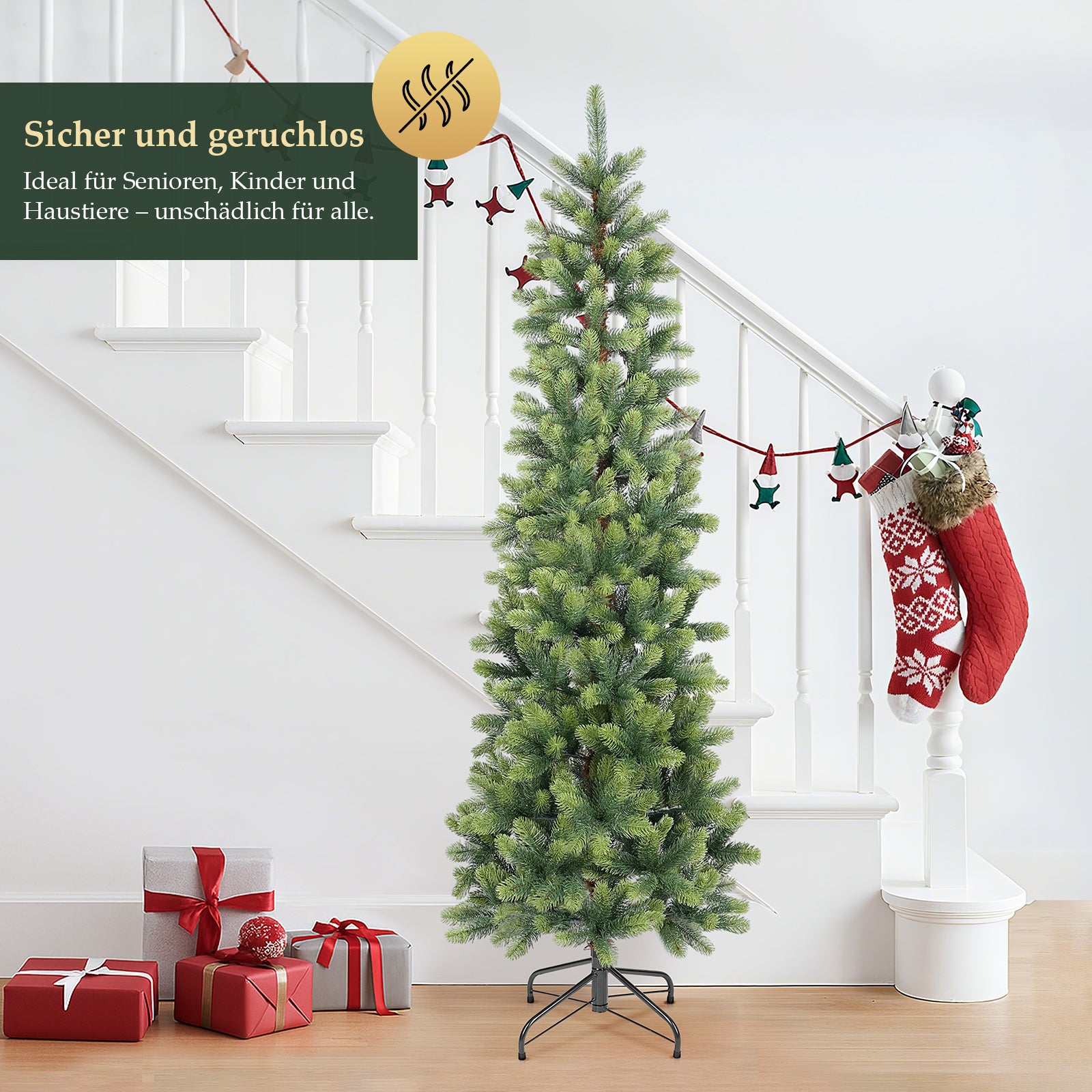 SALCAR Schmaler Künstlicher Weihnachtsbaum 120/150/180/210 cm | Slim Nordmanntanne aus PE, Platzsparend, Realistisch, Wiederverwendbar, Mit Metallständer