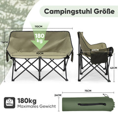 Sunula Faltbarer Campingsofa für 2 Personen, Tragbarer Campingstuhl bis 150 kg, Mit Armlehne und Tragetasche, Outdoor-Faltstuhl, Ideal für Picknick, Camping, Garten, Balkon, Angeln