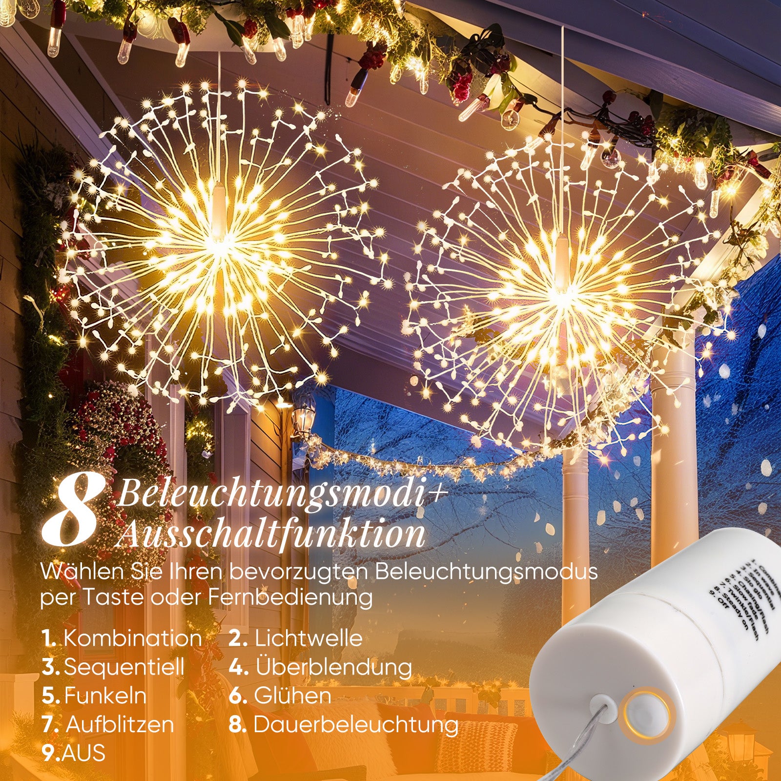 SALCAR LED Leuchtkugel Weihnachten Feuerwerk Lichterkette – 198 LEDs, 8 Modi, Timer & Fernbedienung, Batteriebetrieben & IP44 Wasserdicht – Weihnachtsbeleuchtung für Innen & Außen