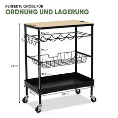 Sekey Serving Trolley with Wheels – Bar Trolley &amp; Kitchen Trolley with MDF Top, Wine Glass Holder, Hooks &amp; Drawer Basket, 360° Wheels, Handle, Rustproof – Black