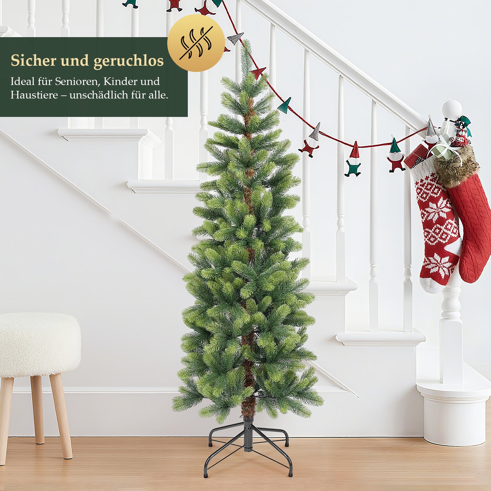 SALCAR Slim Kunst-Weihnachtsbaum 180 cm – Realistischer PE-Tannenbaum in zartgrün, 100 % Spritzguss, naturgetreu & platzsparend
