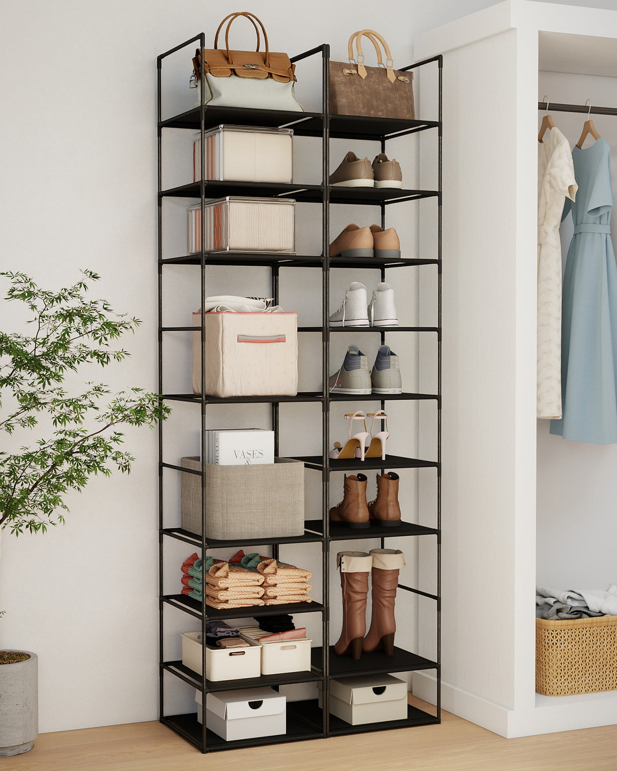 Sekey Schuhregal mit 10 Ebenen – Schmal, stabil & platzsparend, Metallgestell mit Vliesstoffablagen, ideal für Flur & kleine Räume