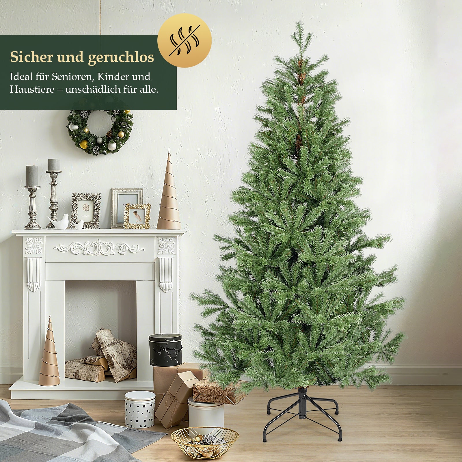SALCAR Künstlicher Weihnachtsbaum 150/180/210 cm aus 90 % PE Spritzguss, Premium Nordmanntanne, realistischer Christbaum mit stabilem Metallständer & Schnellaufbau-Klappsystem
