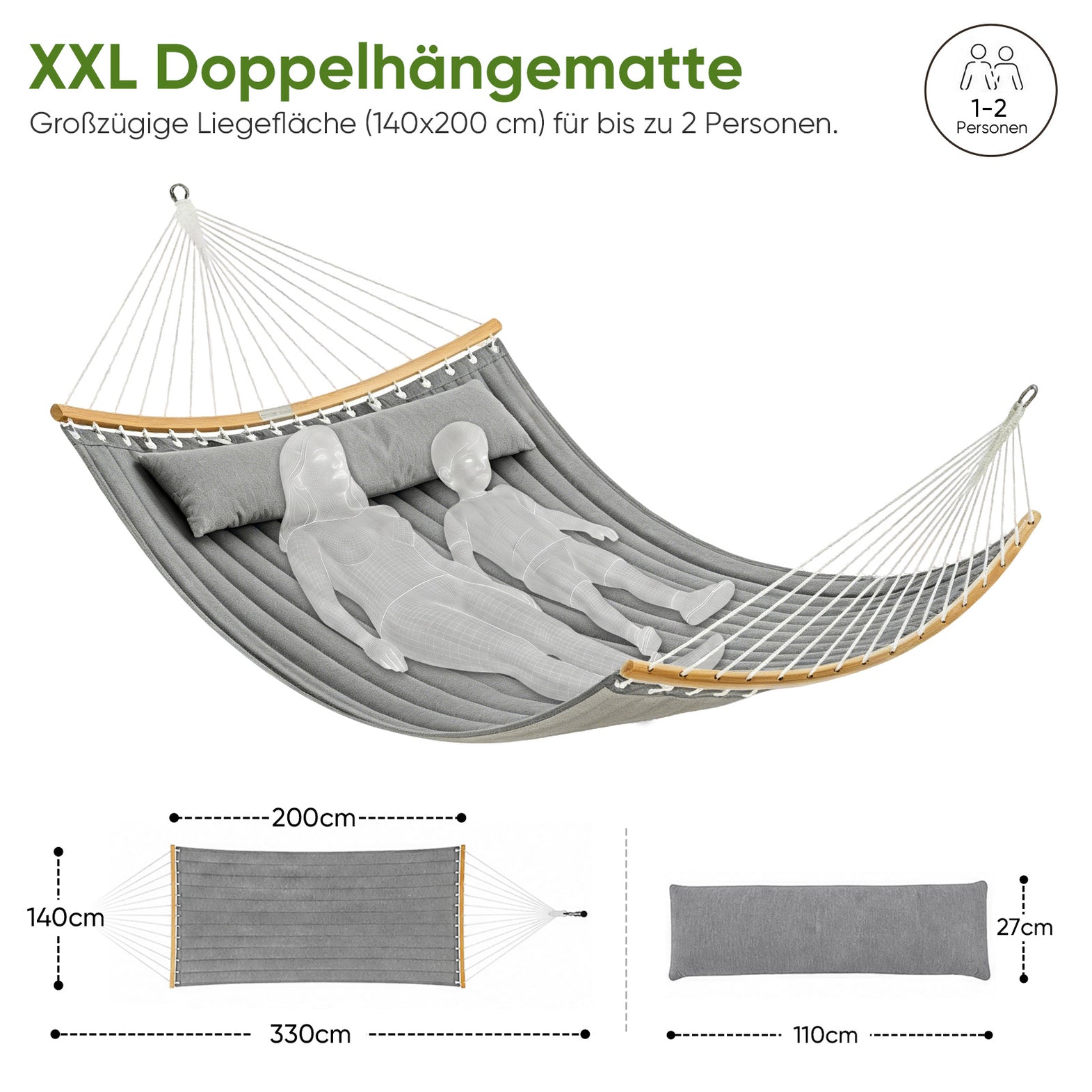 Sekey XXL Doppelhängematte mit Kissen – Gepolsterte Hängematte für 2 P – sekeymall