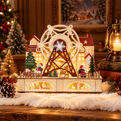 Salcar LED Weihnachtsdorf aus Holz mit Riesenrad – 27,5 cm, 12 LEDs, Batteriebetrieben, Rot & Weiß