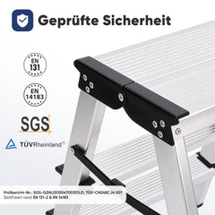Sekey Trittleiter 3 Stufen aus Aluminium – Beidseitig Begehbar, Rutschfest, TÜV & SGS geprüft, bis 150 kg belastba