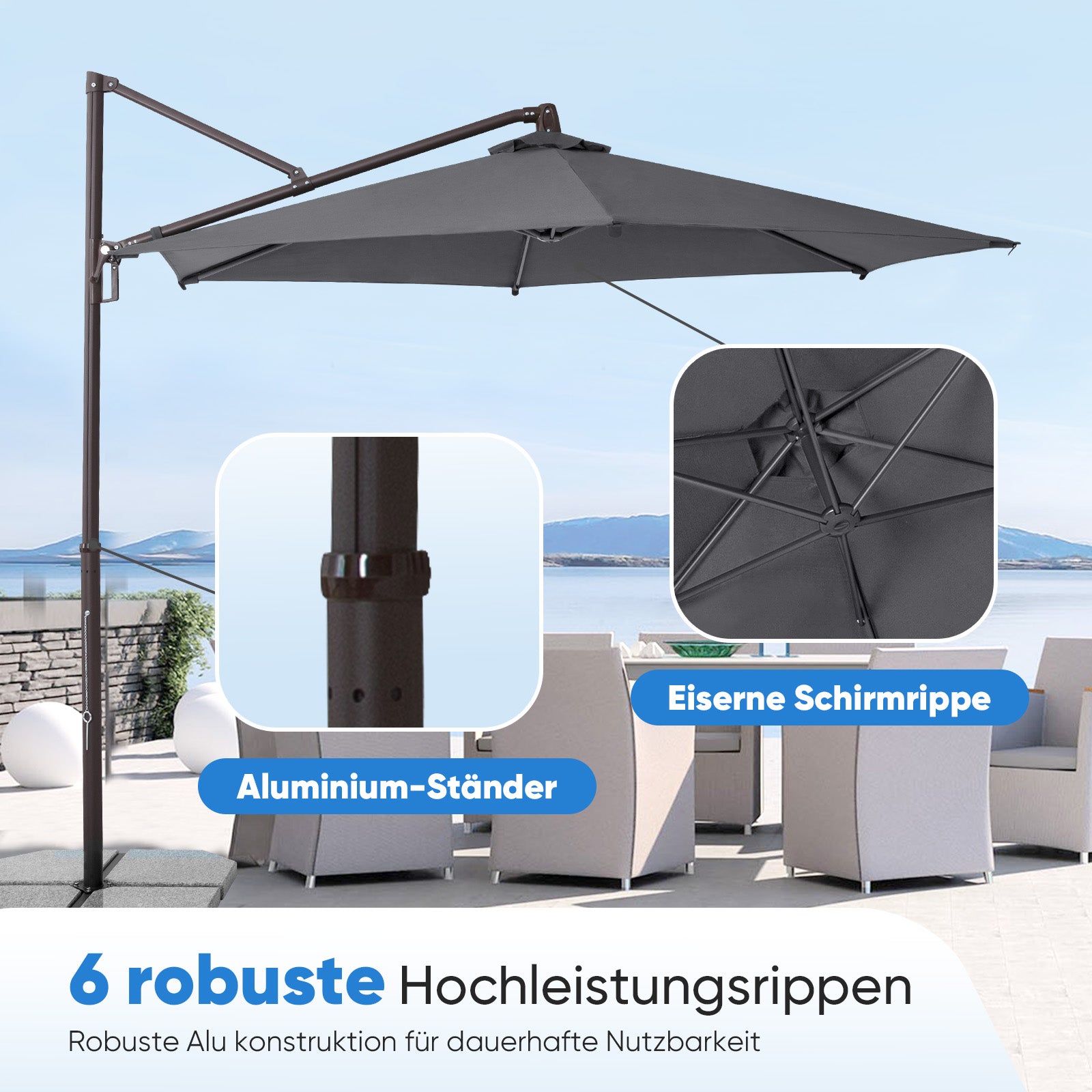 Sekey Ampelschirm 300 cm – Aluminium Sonnenschirm mit 360° Drehung, Neigefunktion, UV50+ Schutz