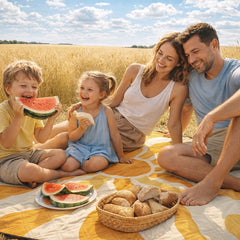 Sekey Picknickdecke Wasserdicht – Sandfreie Stranddecke mit Sonnen-Motiv, PEVA-Unterseite & Tragegurt für Picknick, Camping und Strand