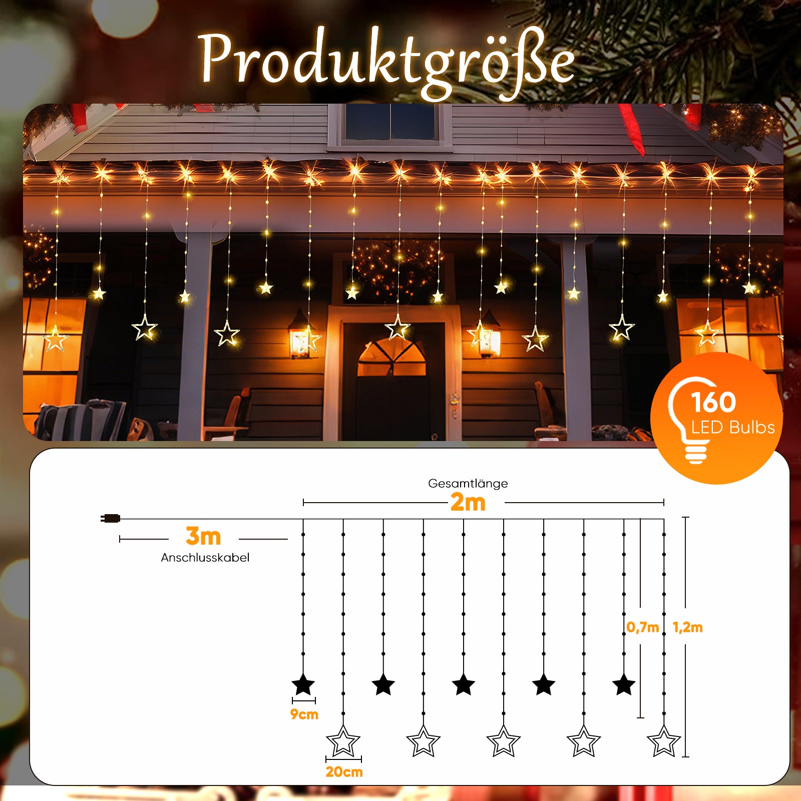 SALCAR LED Sterne Lichtervorhang, 2m 160 LEDs, 10 Sterne, 8 Modi, Timer & Memory – Weihnachtsbeleuchtung für Innen & Außen, Warmweiß/Bunt, IP44 Wasserdicht