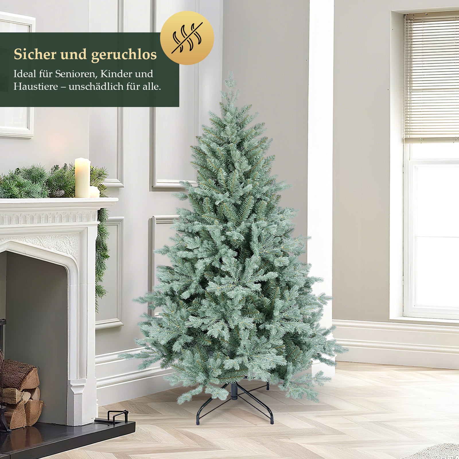 SALCAR Künstlicher Weihnachtsbaum aus PE & unsichtbaren PVC-Spitzen – Natürliche graugrüne Tanne mit Schnellaufbau-Klappsystem & stabilem Metallständer (150 cm / 180 cm / 210 cm)