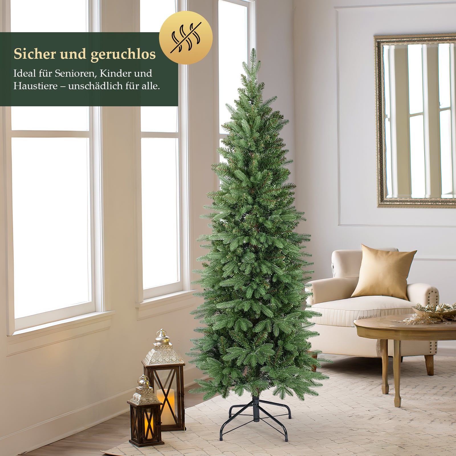 SALCAR Künstlicher Weihnachtsbaum 180 cm Slim – Schmaler Tannenbaum in Pencil-Form, realistische Nadeln aus PE & PVC, platzsparend & langlebig