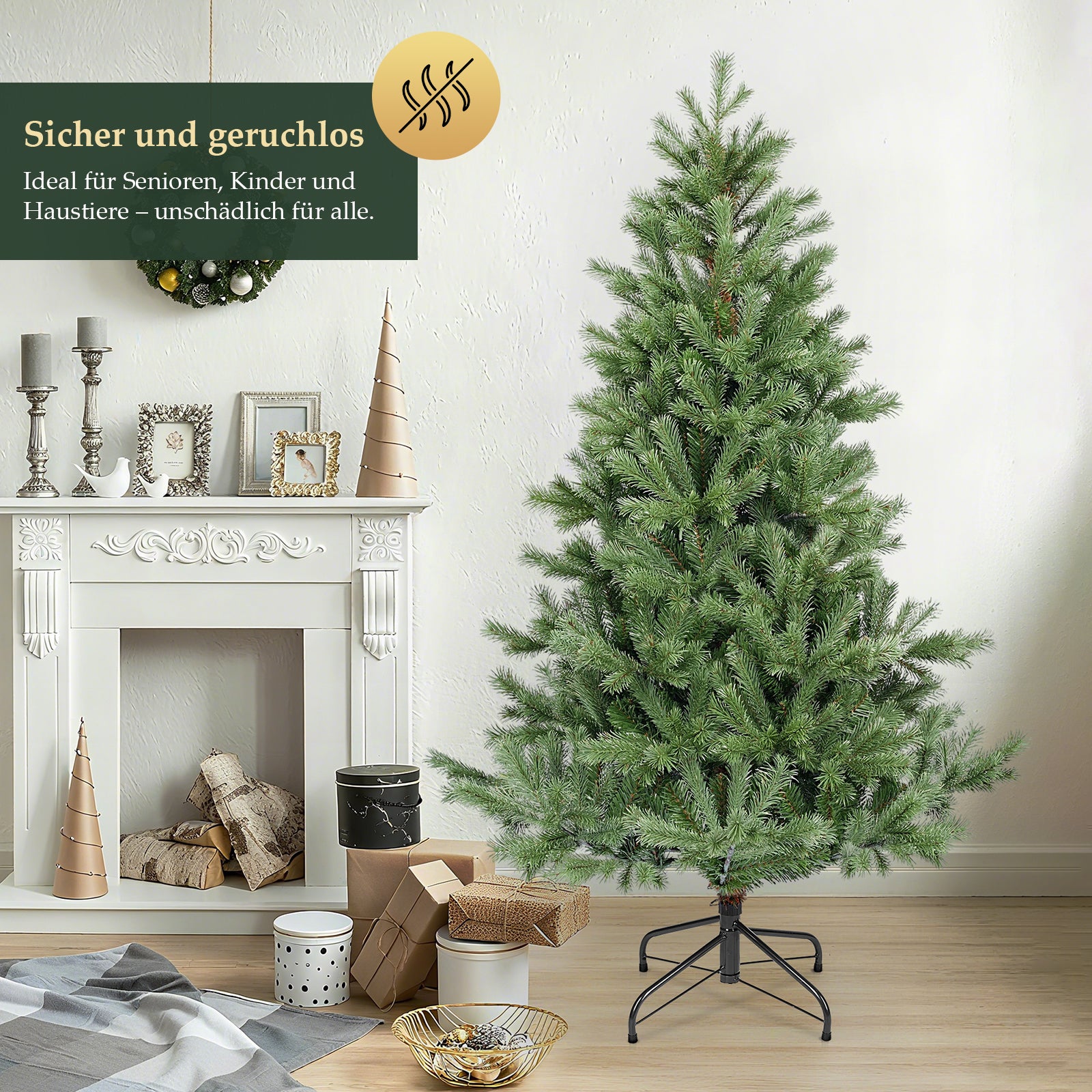 SALCAR Künstlicher Weihnachtsbaum 150/180/210 cm aus 90 % PE Spritzguss, Premium Nordmanntanne, realistischer Christbaum mit stabilem Metallständer & Schnellaufbau-Klappsystem