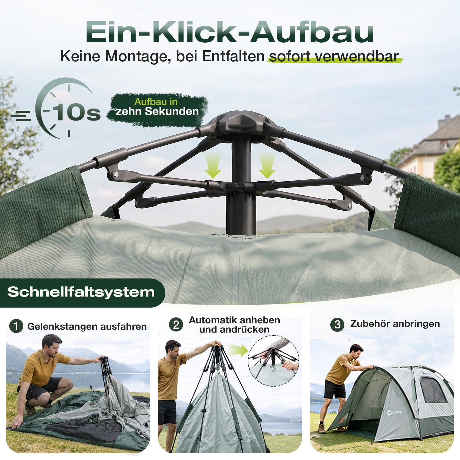 Sekey 2-Personen Campingzelt mit Hydraulik Pop-up System – Wurfzelt wasserdicht PU3000+, UV50+ Schutz, 2-in-1 Kuppelzelt mit Vorzelt & Markise für