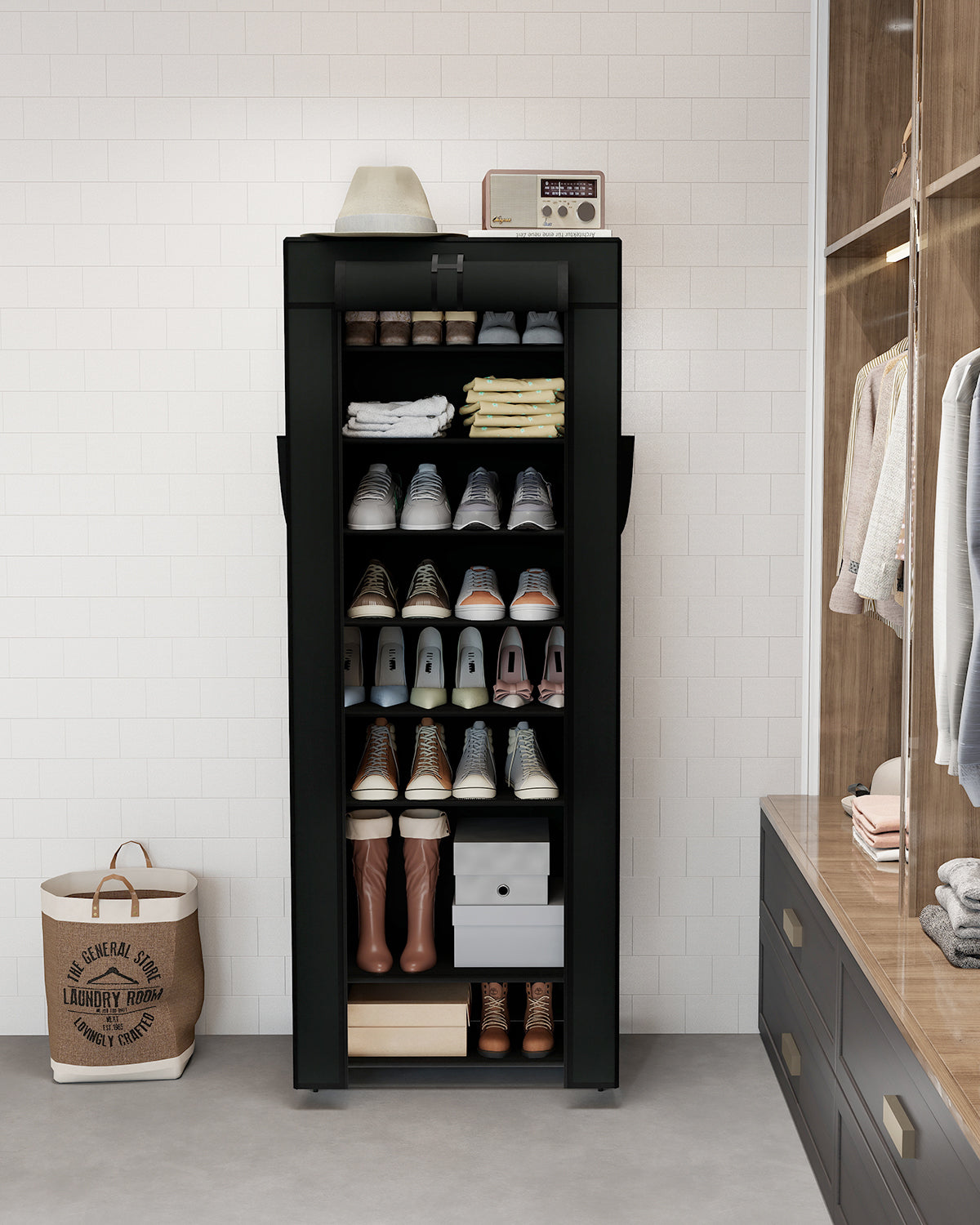 Sekey Schuhschrank mit 9 Ebenen – Multifunktionales Schuhregal mit Staubschutz, 2 Größen wählbar (58 oder 85 cm Breite), anpassbare Ablagen, einfache Montage, Schwarz