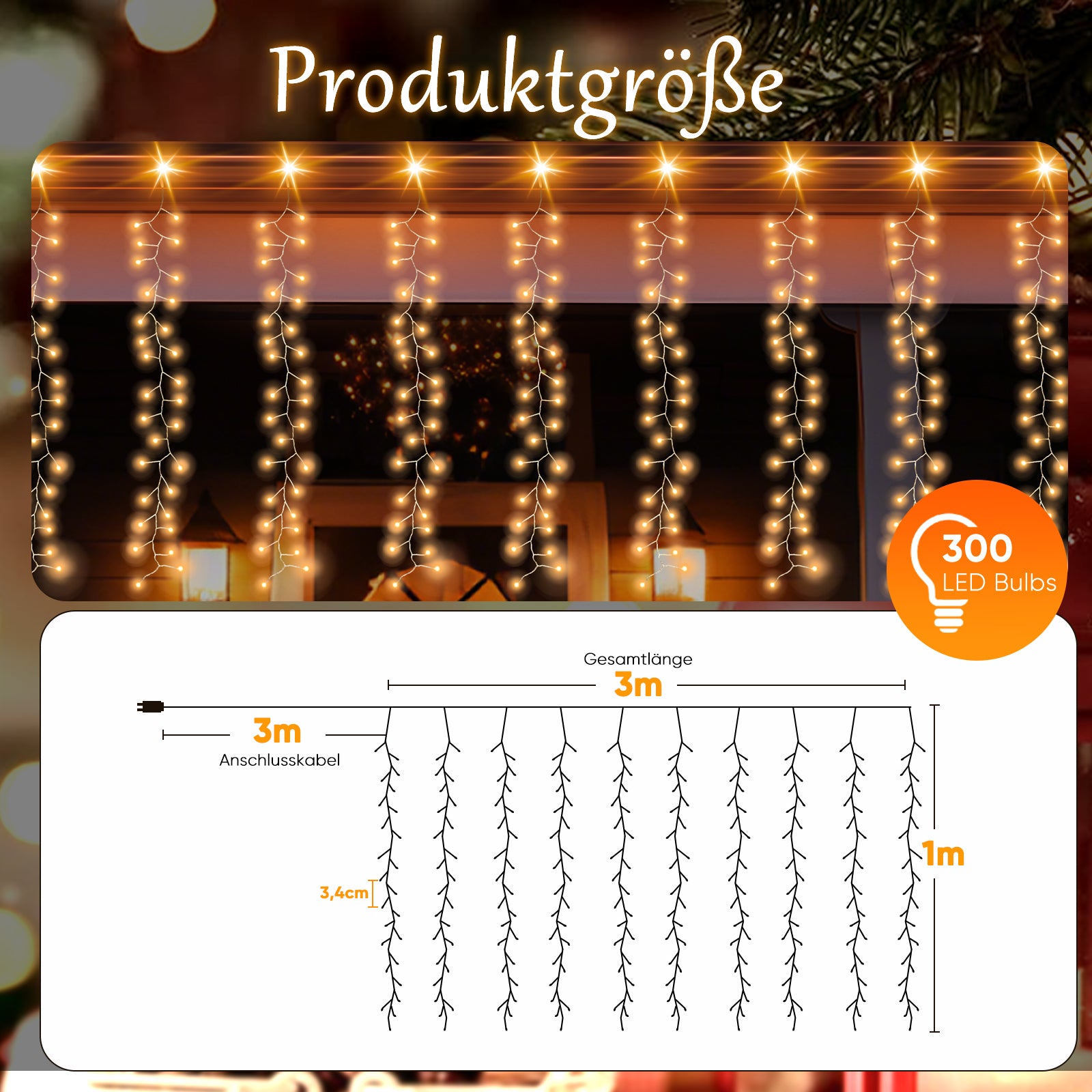 SALCAR LED-Lichtervorhang 300er Eisregen 3x1 m, 8 Modi & Timer, Warmweiß, IP44, Innen- & Außenbeleuchtung für Weihnachten & Party