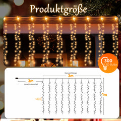 SALCAR LED-Lichtervorhang 300er Eisregen 3x1 m, 8 Modi & Timer, Warmweiß, IP44, Innen- & Außenbeleuchtung für Weihnachten & Party