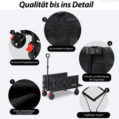 Sunula Folding Wagon 3025 with Extended Loading Area, 150 kg Load Capacity, Extra Long, with Brake, Cup Holders &amp; All-Terrain Tires – For Beach, Camping, Garden, Shopping