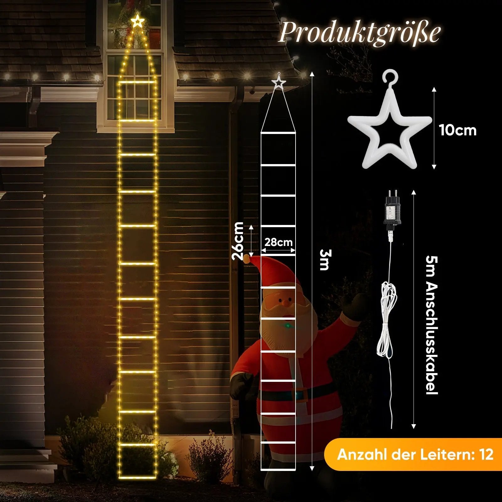 LED Weihnachtsmann-Leiter Lichterkette – 3 M, Mit Fernbedienung, 8 Modi, Niedrige Spannung, Für Haus, Garten, Dach