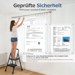 Sekey Klappbare Trittleiter 2/3/4 Stufen – Stahlrahmen, rutschfeste Trittflächen, TÜV & SGS geprüft, bis 150 kg belastbar, Schwarz