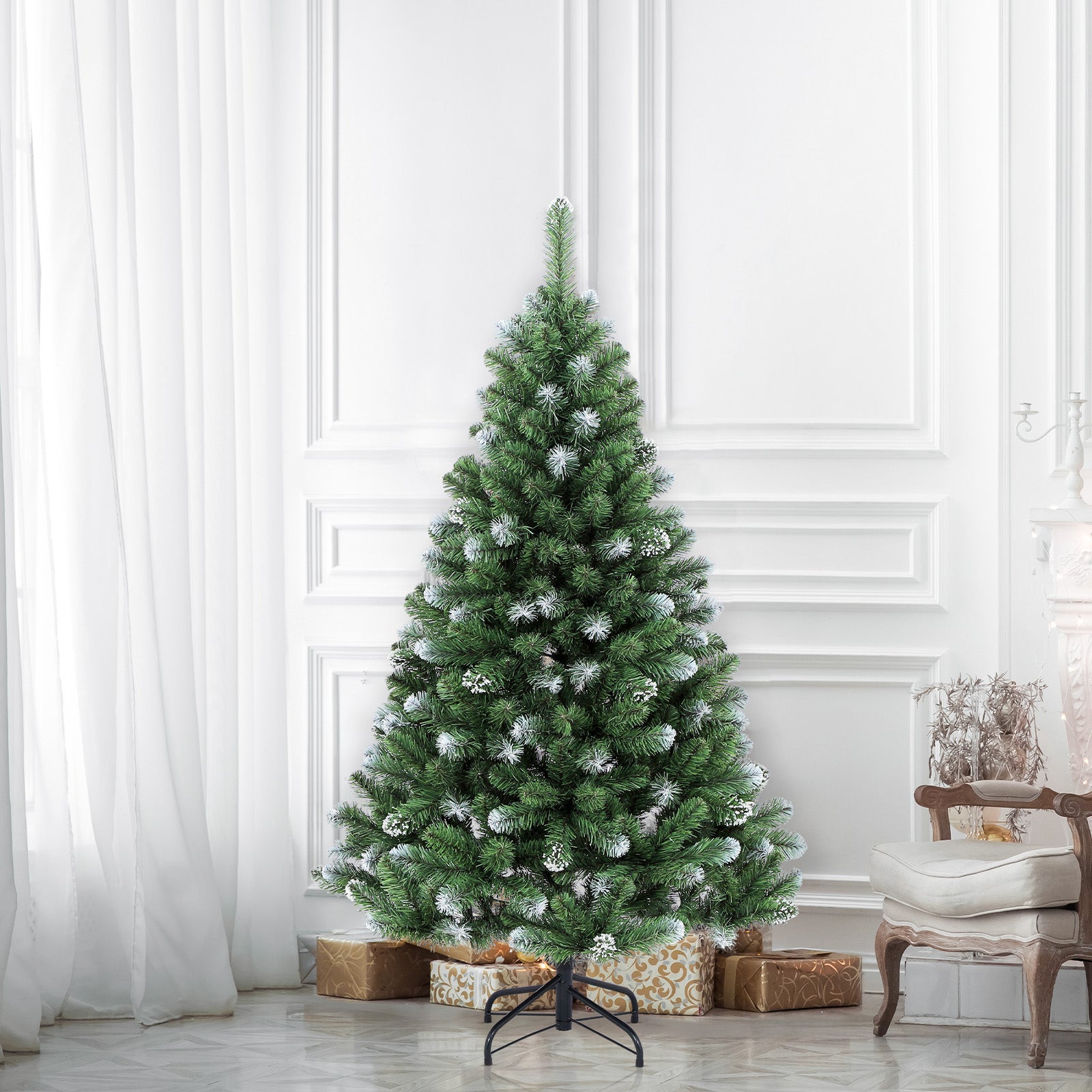 SALCAR Künstlicher Weihnachtsbaum mit Schnee – 120/150/180/210 cm Christbaum, täuschend echt, mit Metallständer, PVC Tannenbaum für Innen & Außen