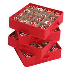 Salcar Aufbewahrungsbox für 64 Weihnachtskugeln – 4 Ebenen, Verstellbare Trennwände, Rote Faltbox 33×33×34 cm mit Sichtfenster