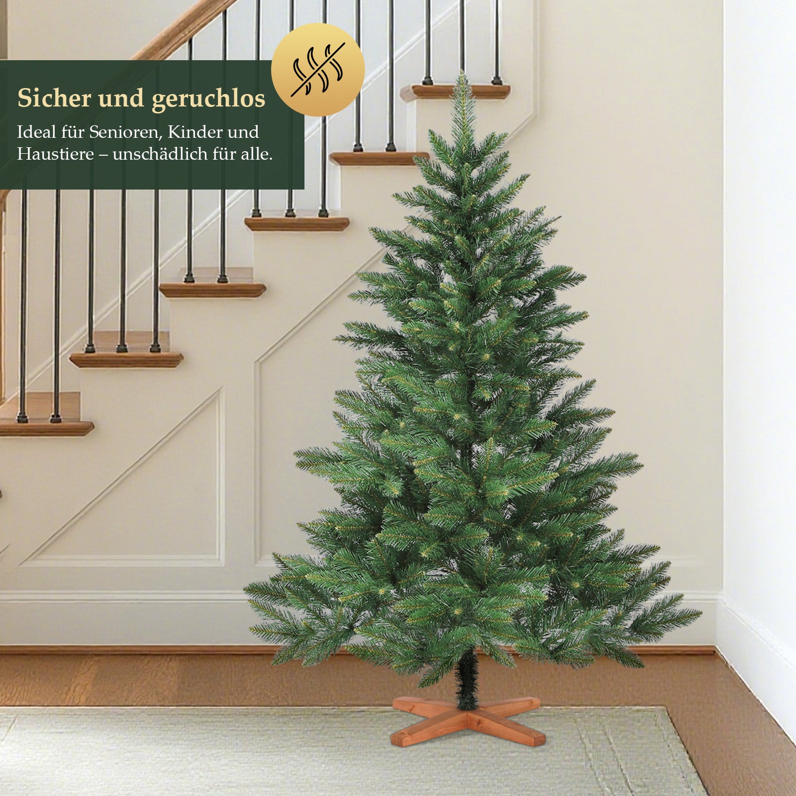 SALCAR Künstlicher Weihnachtsbaum mit Holzständer, 150/180/210 cm, Realistischer PVC Christbaum, Pflegeleicht & Hochwertige Weihnachtsdekoration für Innenräume