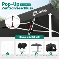 Sekey 3x3 m folding gazebo with 4 side panels and 4 sandbags