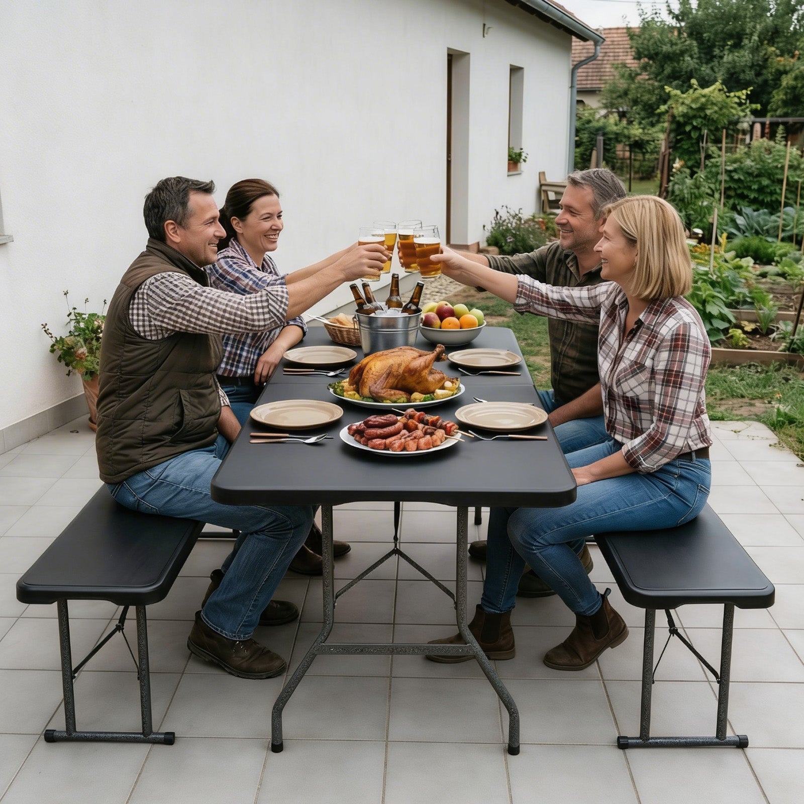 Sekey Klappbare Bierbank*2 183 cm – Kunststoff Campingbank & Bierzeltbank bis 300 kg Belastbar, Gartenbank Klappbar mit Tragegriff, Schwarz – sekeymall