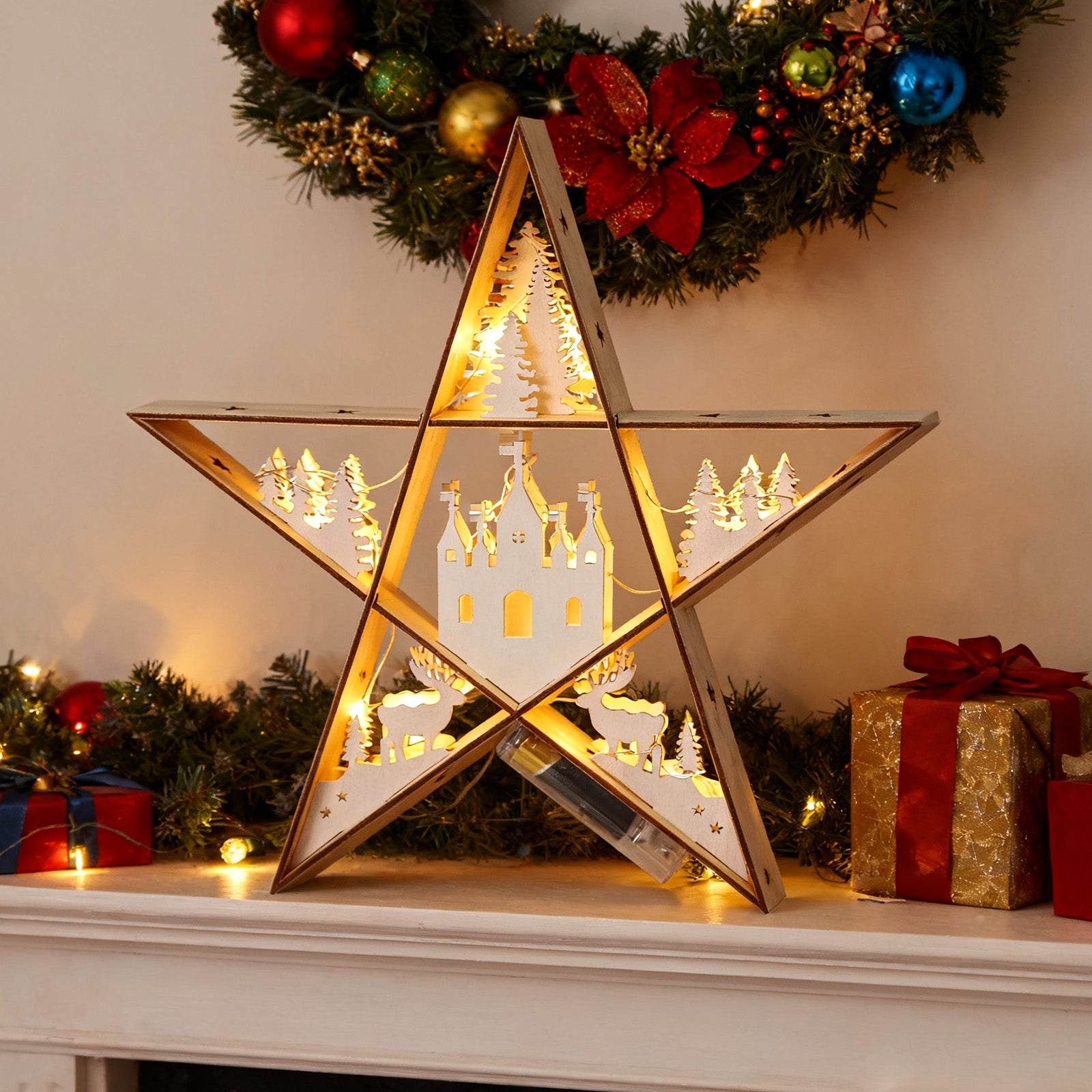 Salcar LED Stern aus Holz 30 cm – Warmweiß leuchtende Weihnachtsdeko – sekeymall