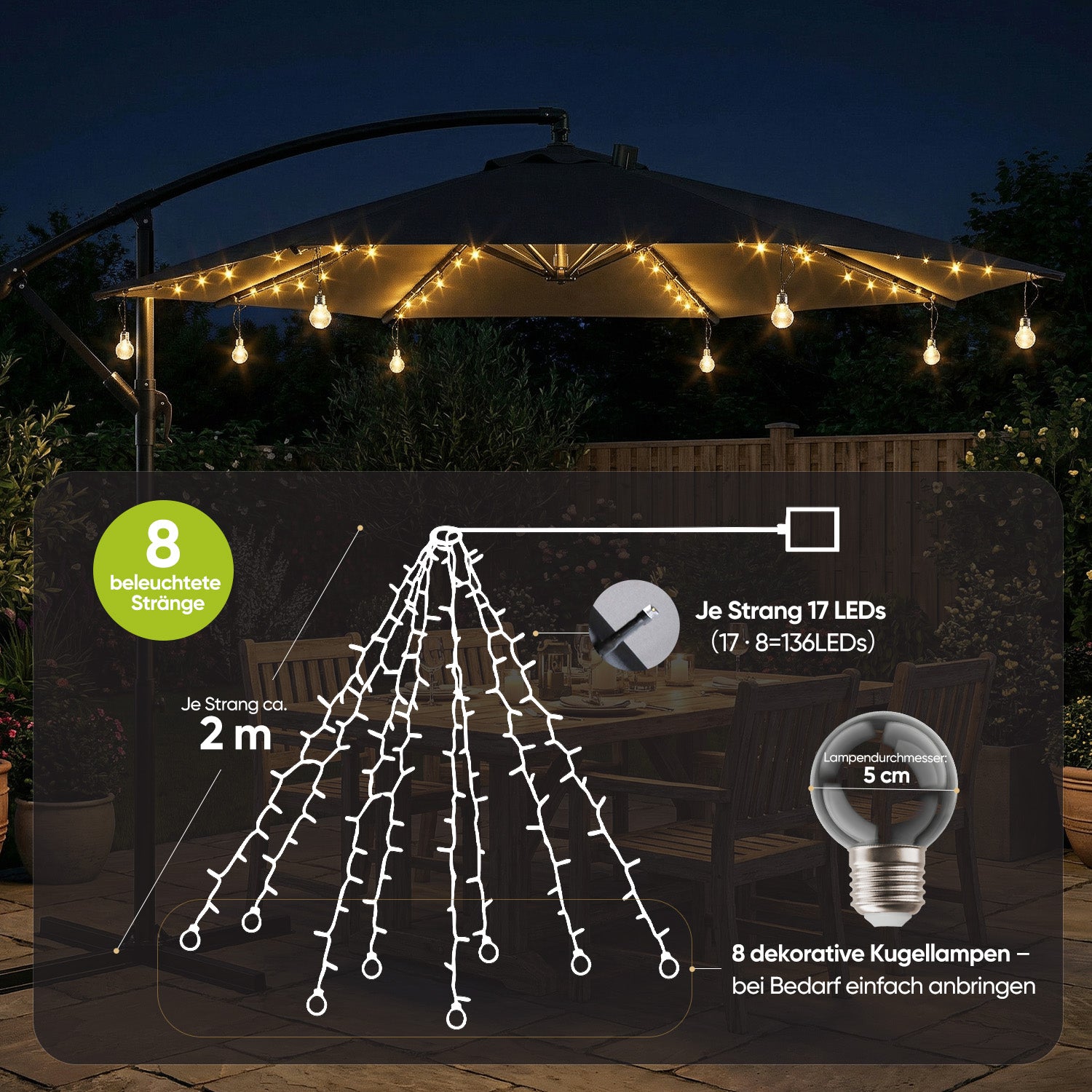 led-beleuchtung markise solar Sekey Sonnenschirm Beleuchtung Solar LED Lichterkette – 136 LEDs & 8 G – sekeymall