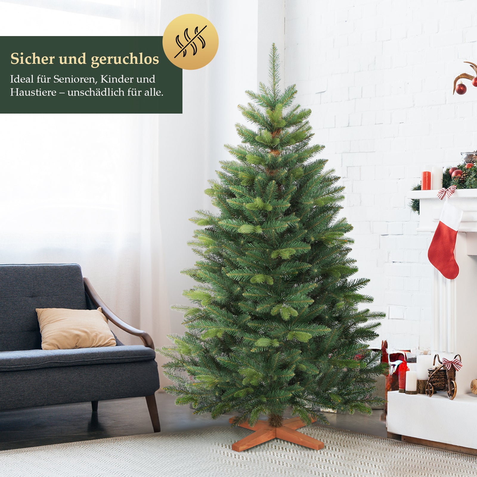 SALCAR Künstlicher Weihnachtsbaum mit Holzständer, Premium PE+PVC Tannenbaum, Realistische & Dichte Optik, Einfacher Aufbau für Innenräume