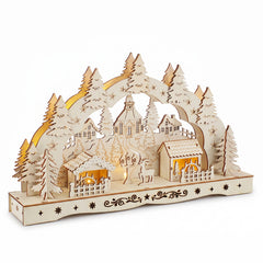 Salcar LED Schwibbogen aus Holz, 3D Weihnachtsdeko mit Fachwerkhäusern, Turm & Tannen, 10 warmweiße LEDs, batteriebetriebener Lichterbogen für Fensterbank & Sideboard