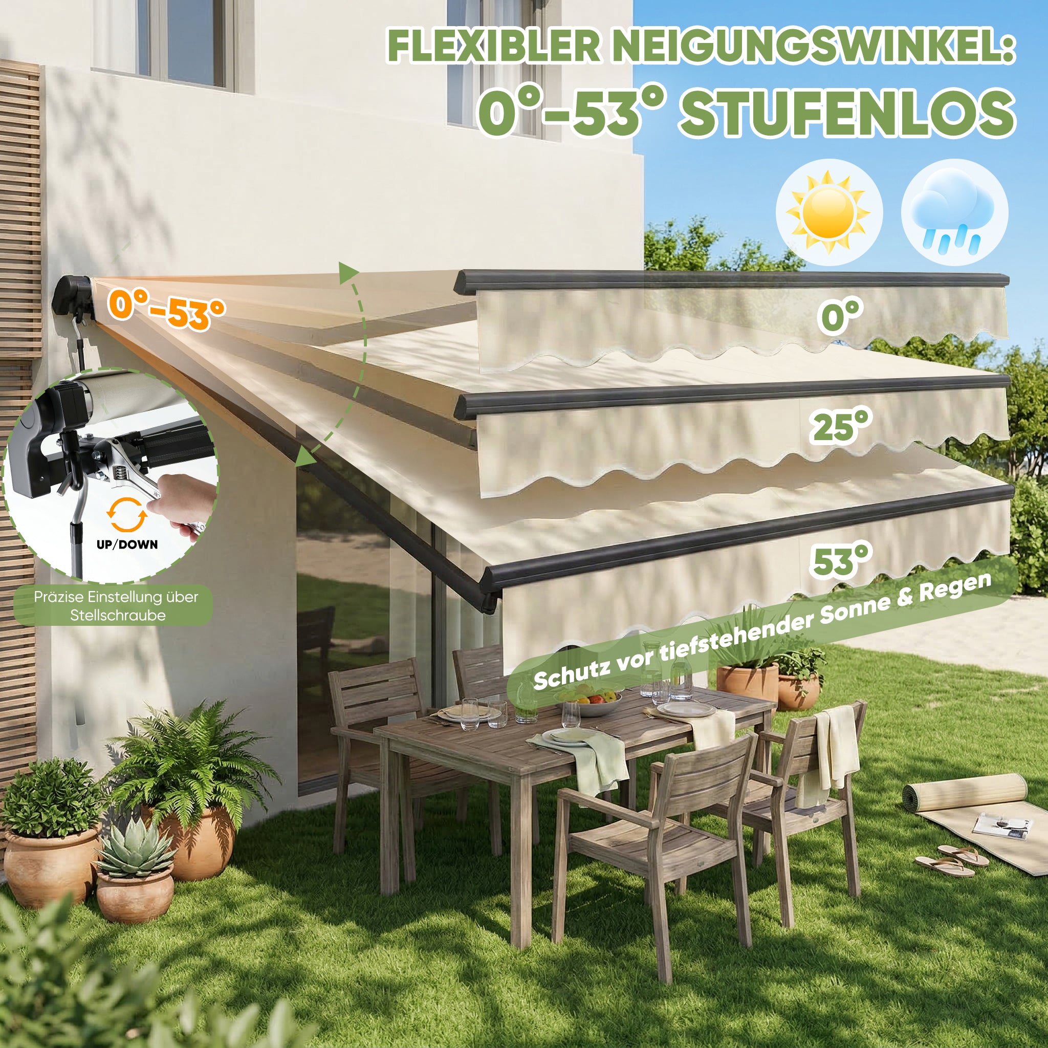 Sekey Gelenkarmmarkise 300x250 cm Beige mit Handkurbel – 0–53° stufenl – sekeymall