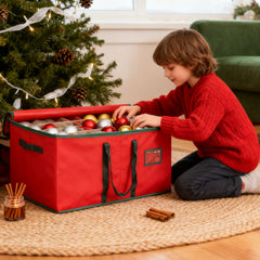 Salcar Rote Aufbewahrungsbox für 128 Weihnachtskugeln – Faltbare Christbaumkugel-Box 64,8×32,3×34,2 cm mit 128 Fächern, Tragegriffen & Doppelreißverschluss