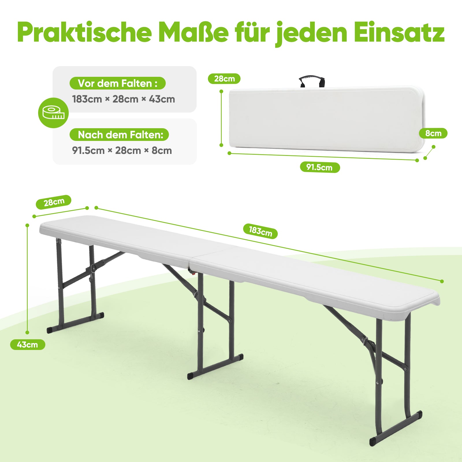 Sekey Klappbare Kunststoff-Bierbank 183 cm – Faltbare Gartenbank, bis 300 kg belastbar, wetterfest, ideal für Camping, Garten & Feste
