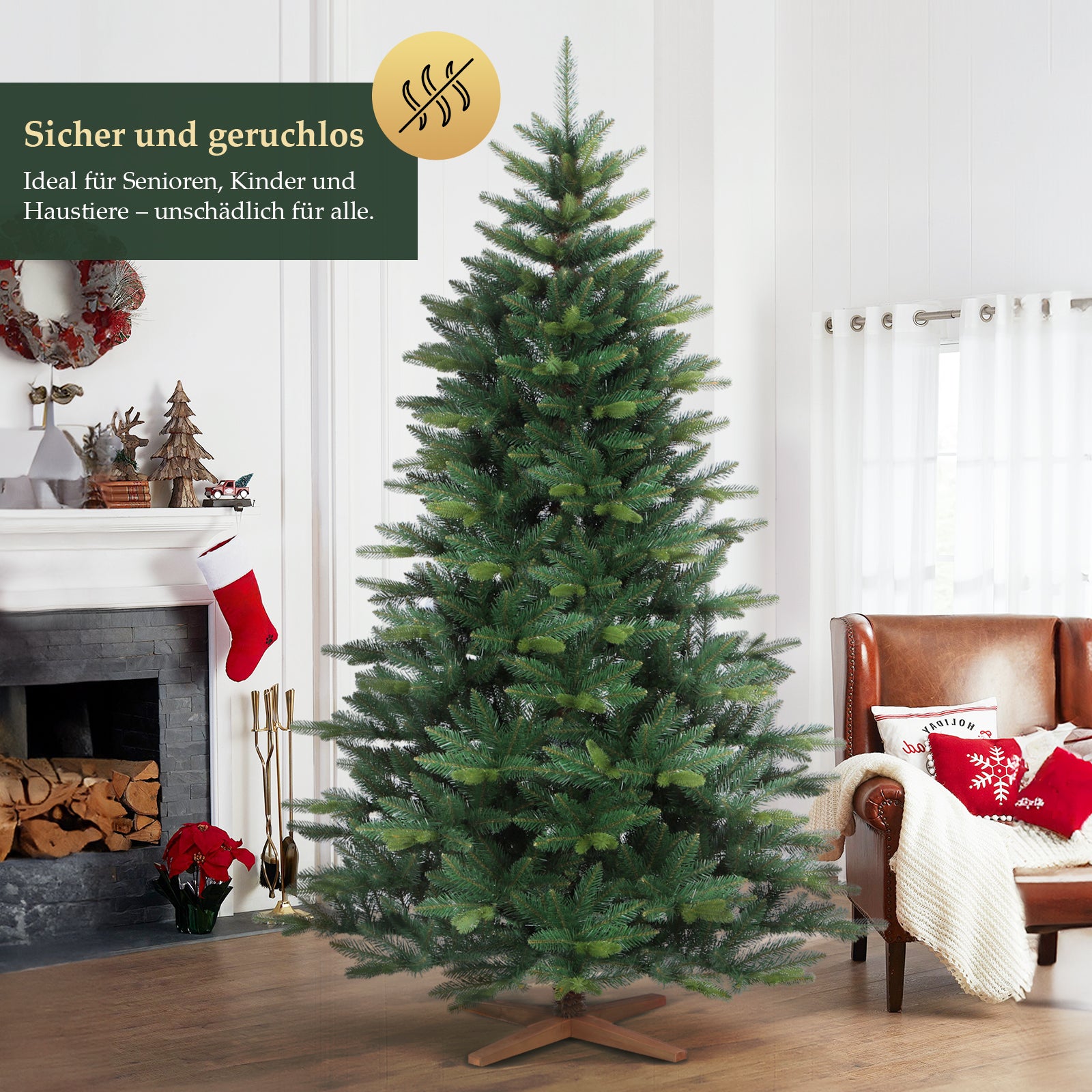 SALCAR Künstlicher Weihnachtsbaum mit Holzständer, Premium PE+PVC Tannenbaum, Realistische & Dichte Optik, Einfacher Aufbau für Innenräume